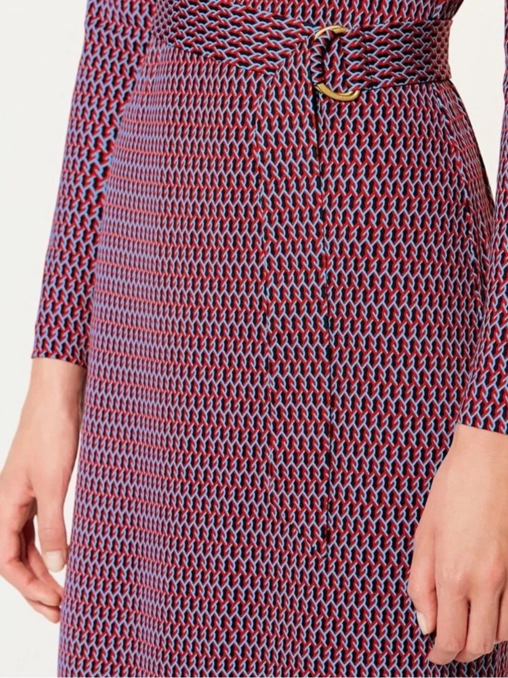 Tory Burch Sz S Long-Sleeve Red Navy Patterned Belted Sheath Dress NO Belt